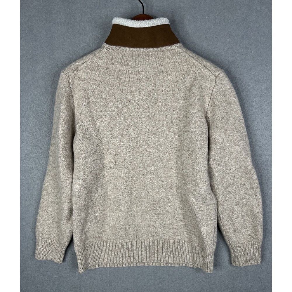 Orvis Sweater Mens Large Beige Stowe 1/4 Zip Lambs Wool Sherpa Leather Collar - Picture 9 of 9
